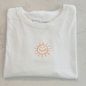 NWOT Life Is Good Crusher White Cropped‎ Tee with Orange Sun Graphic